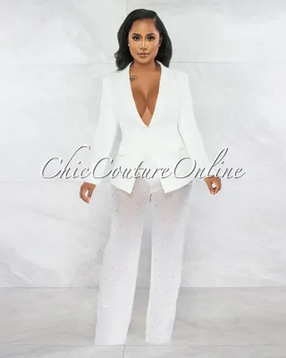 Alicia Off-White Blazer & Mesh Pearl Pants Set