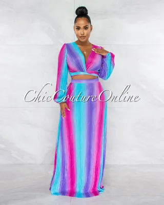 Jeneva Purple Turquoise Print Top & Maxi Skirt Ribbed Set