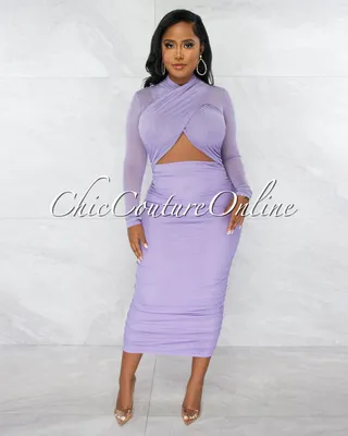 Gerlie Lilac Crossed Bust Mesh Ruched Midi Dress