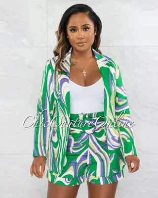 Jarek Green Purple Print Blazer & Belted Shorts Set