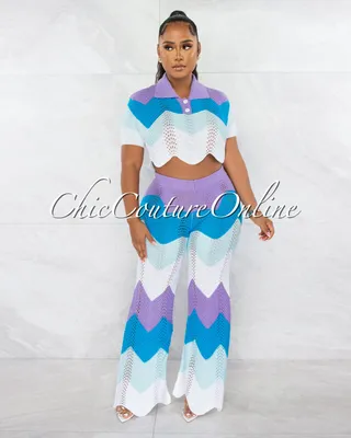 Ritter Blue White Purple Crochet Top & Scallop Pants Set