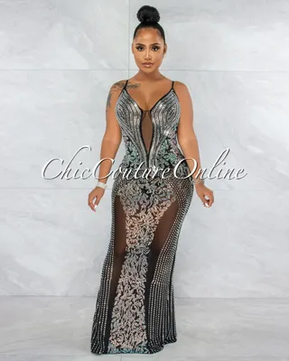 Mariatu Black Mesh Rhinestones Maxi Dress