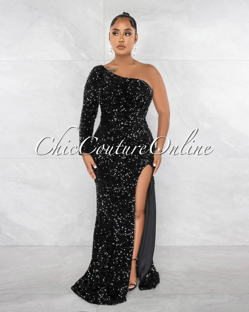 Draya Black Sequins Single Long Sleeve Side Slit Gown