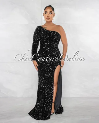 Draya Black Sequins Single Long Sleeve Side Slit Gown
