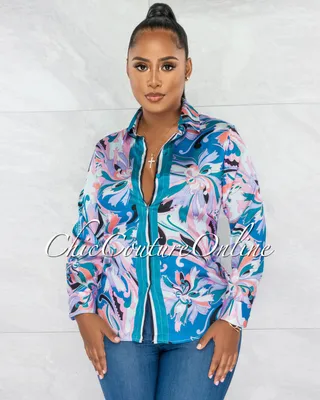 Zarina Teal Multi-Color Print Buttoned Silky Blouse