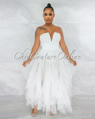 Odalys Off-White Strapless Tulle Ruffle Bodysuit Dress