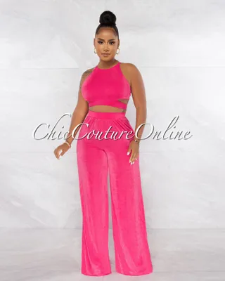 Ramona Fuchsia Multi-Way Tie Crop Top & Wide Pants Set