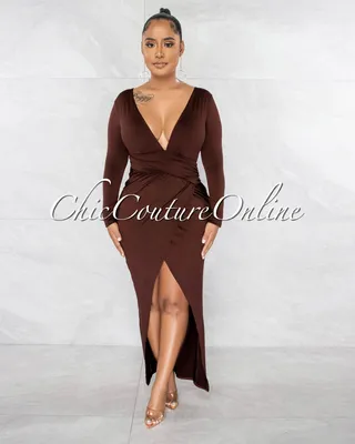 Meridian Brown V-Neck Draped Waist Front Slit Dress