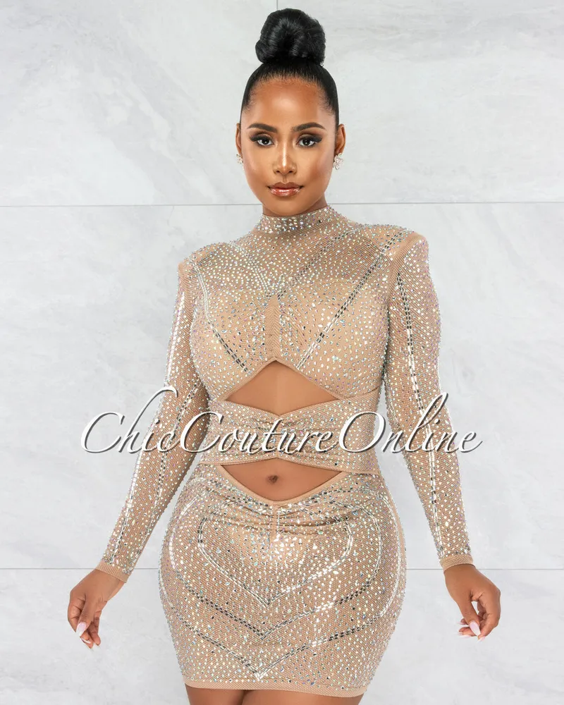 Lavinia Nude Iridescent Rhinestone Cut Out Dress