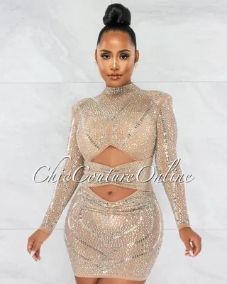 Lavinia Nude Iridescent Rhinestone Cut Out Dress