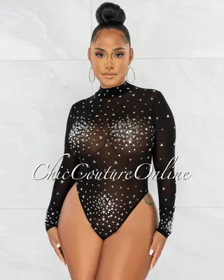 Moore Black Silver Mesh Rhinestones Bodysuit