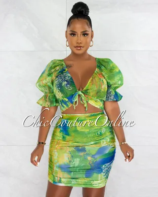 Mejia Green Print Sheer Top & Ruched Skirt Set