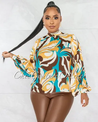 Ryleigh Yellow Turquoise Print Long Sleeves Blouse