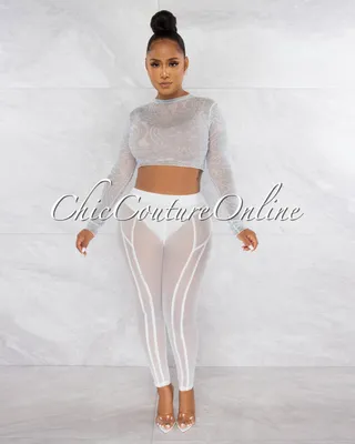 Mushira Off-White Tie-Dye Sheer Crop Top & Mesh Leggings Set