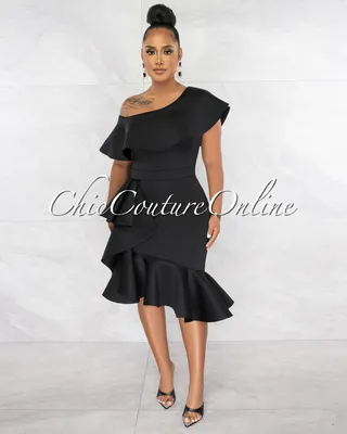 Hadara Ruffle Single Shoulder Ponti Midi Dress