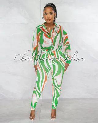 Fayana Green Retro Print Semi-Sheer Blouse & Leggings Set