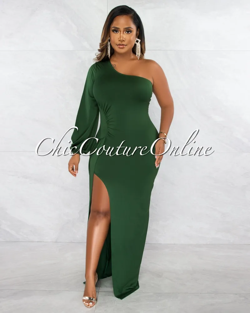Chic Couture Online Molloy Hunter Green Single Sleeve Drape Maxi