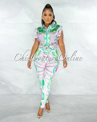 Jaden Print Silky Blouse & Leggings Set