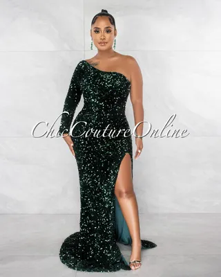 Draya Hunter Green Sequins Single Long Sleeve Side Slit Gown