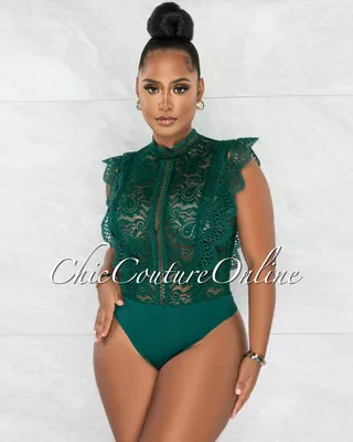 Dayra Hunter Green Lace See-Through Crochet Details Bodysuit