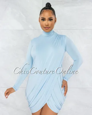 Tamira Baby Blue Drape Long Sleeves Dress