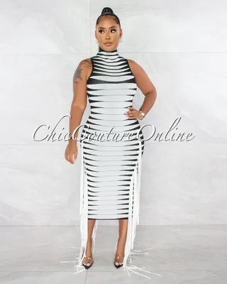 Chasia Black White Stripes Fringe Sides Bandage Midii Dress