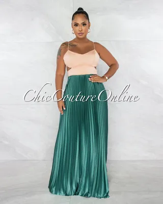 Nafisa Nude Sage Two-Tone Side Cut-Out Pleated Satin Maxi Dress