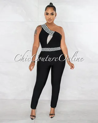 Linnea Black White Fret Trim Single Shoulder Bandage Jumpsuit