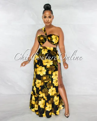 Mylie Black Yellow Floral Print Multi-Way Top & Maxi Skirt Set