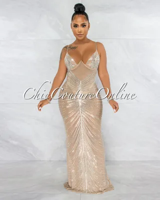 Narmada Nude Mesh Sheer Rhinestones Maxi Dress