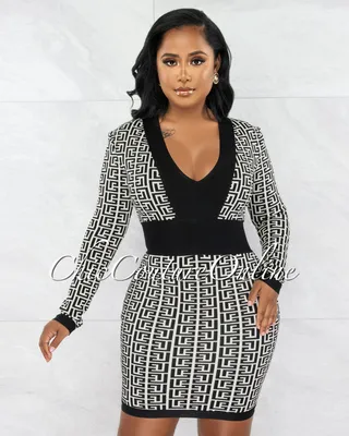 Sheba Black White Fret Print Bandage Dress