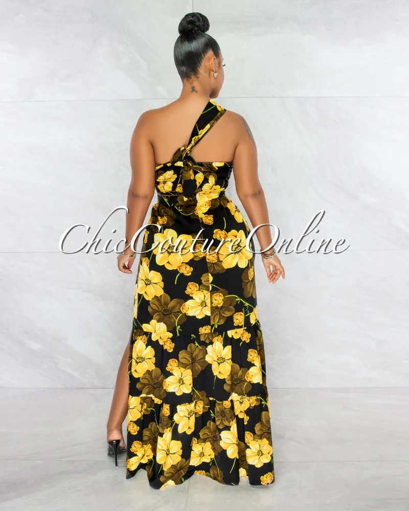 Mylie Black Yellow Floral Print Multi-Way Top & Maxi Skirt Set