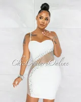 Toraya Off-White Fishnet Accent Rhinestones Dress