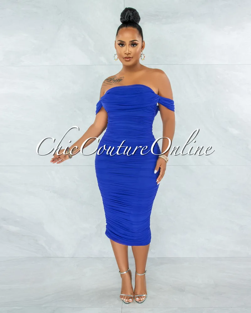 Becca Royal Blue Mesh Overlay Ruched Off-The Shoulder Dress