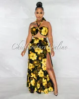 Mylie Black Yellow Floral Print Multi-Way Top & Maxi Skirt Set