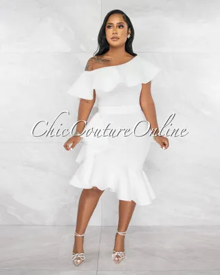 Hadara Off-White Ruffle Single Shoulder Ponti Midi Dress