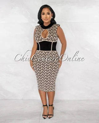 Govana Nude Black Fret Print Midi Dress