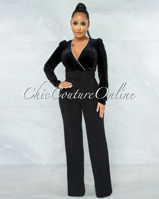 Lapis Black Velvet Rhinestones Details Top Belt Jumpsuit