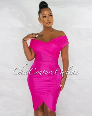 Gabbar Hot Pink Off-The Shoulders Ruched Midi Dress