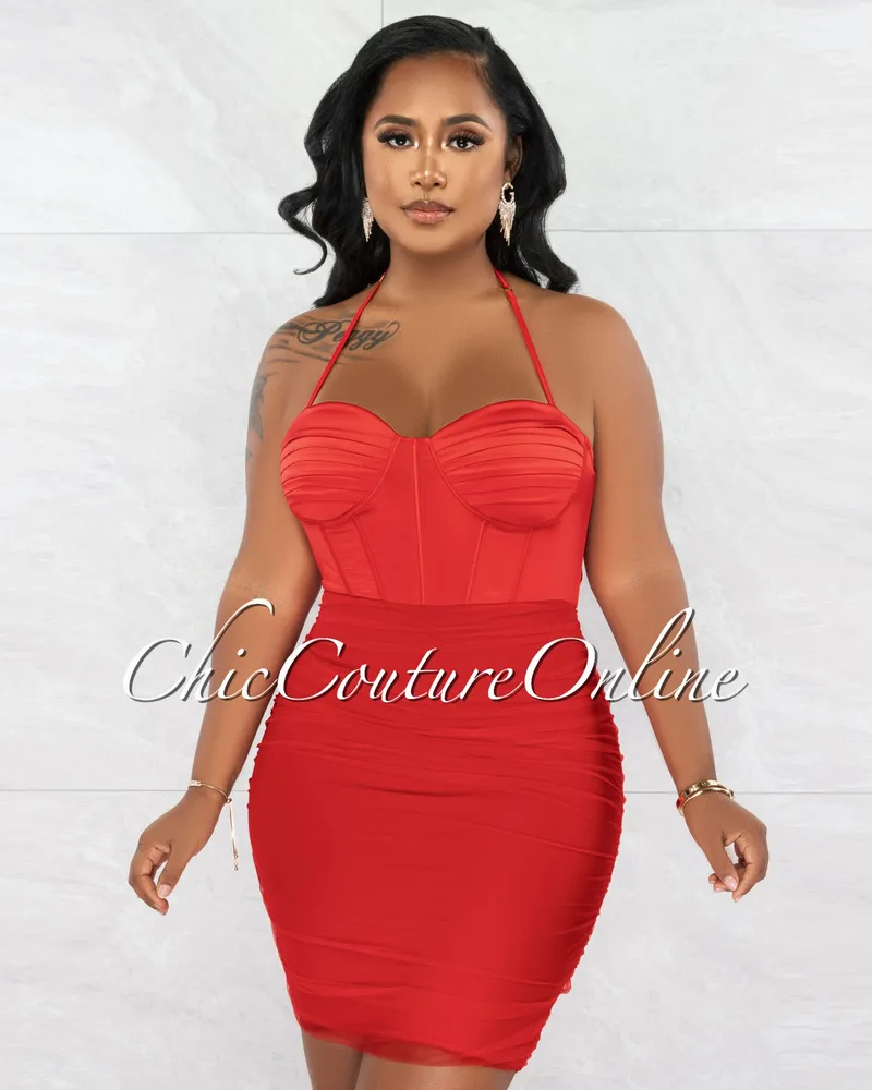 Chic Couture Online Grainne Red Silky Mesh Ruched Bandage Corset Dress