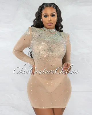 Patrina Nude Iridescent Rhinestones Mesh Mini Dress