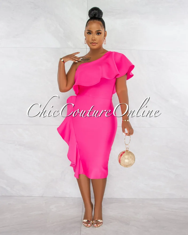 Chic Couture Online Annette Hot Pink Single Shoulder Ruffle