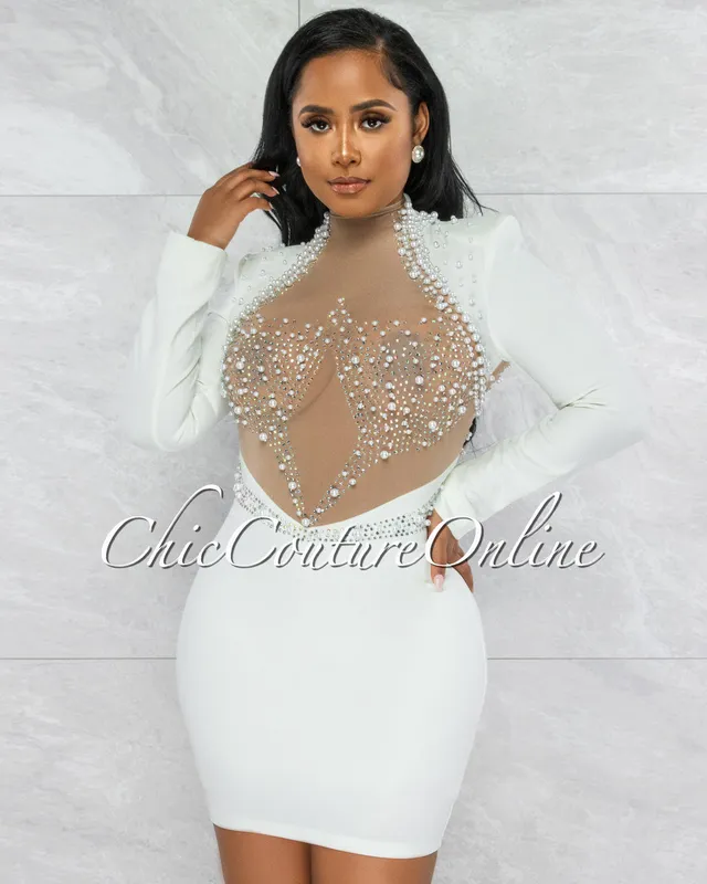 Chic Couture Online Emporio Off-White Rhinestones Silky Mesh Sheer Sides  Mini Dress