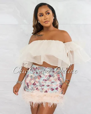 Montero Multi-Color Sequins Feather Hem Mini Skirt