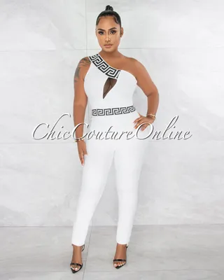 Linnea Off-White Black Fret Trim Single Shoulder Bandage Jumpsuit