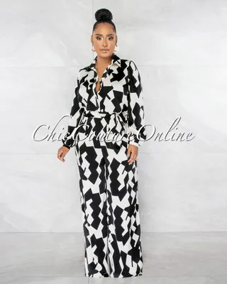 Gerardo Black White Print Silver Buttons Silky Jumpsuit