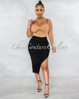 Tanny Black Nude Mesh Ruched Two-Tone Midi Dress