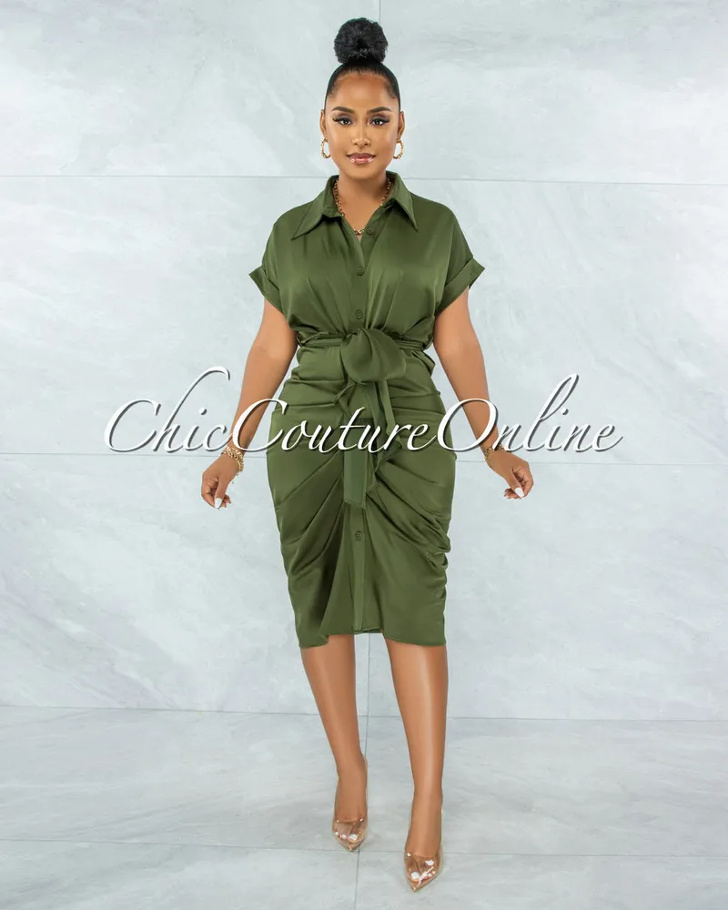 Valley Olive Green Drape Self-Tie Belt Shirt Midi Dress