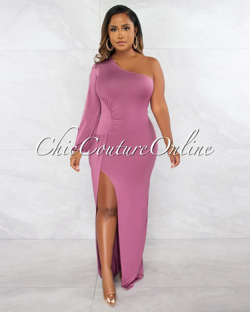 Chic Couture Online Molloy Mauve Single Sleeve Drape Maxi Dress