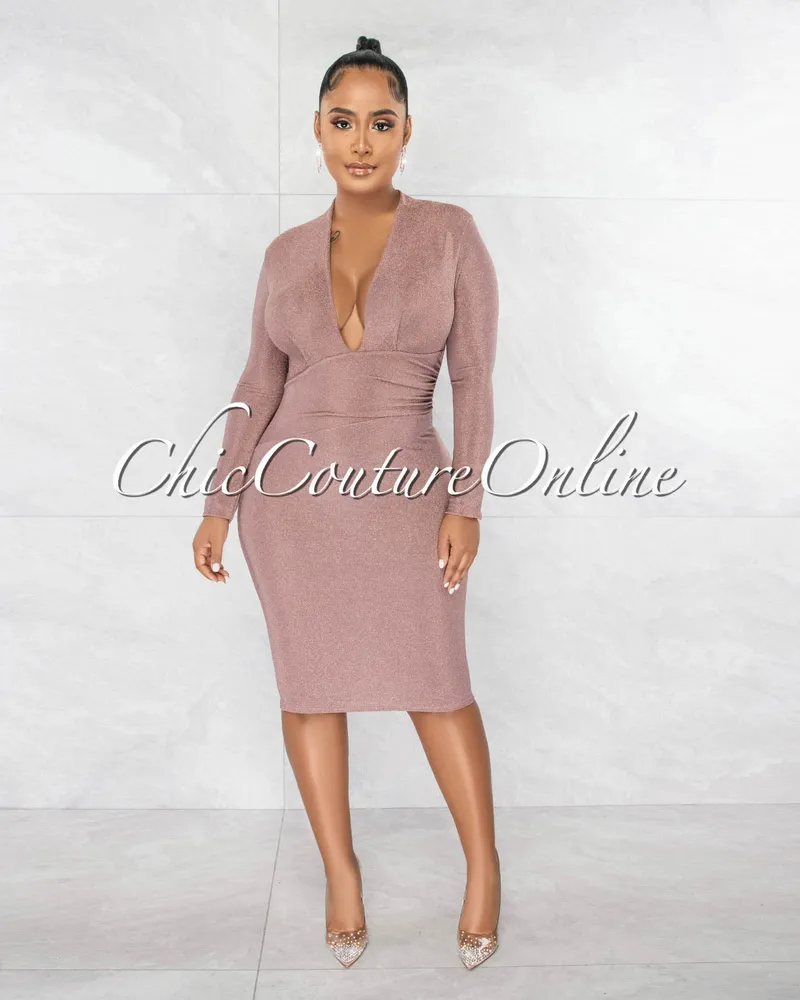 Chic Couture Online Dwyer Mauve Shimmer V-Neck Draped Waist Dress